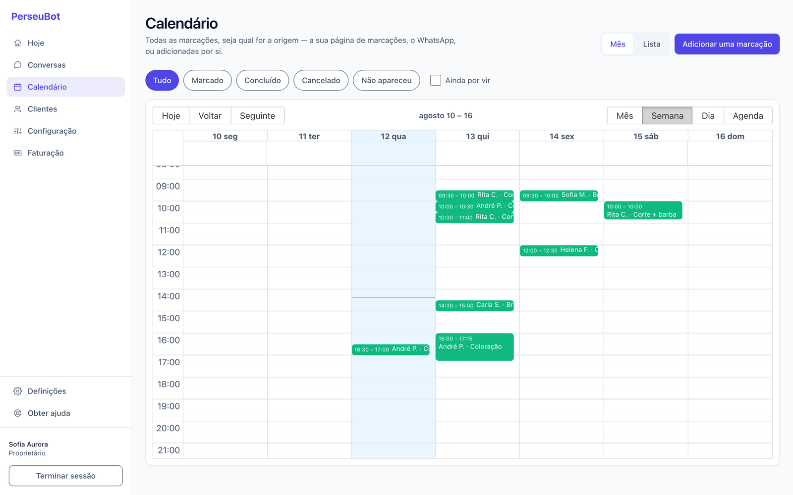 Agenda semanal do PerseuBot com marcações distribuídas pelos dias e por profissional.